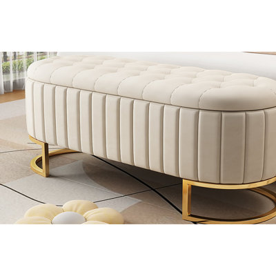 Élégant repose-pieds de rangement rembourré en velours avec capitonnage à boutons, banc de rangement avec pieds en métal pour la chambre à coucher, le salon, entièrement assemblé sauf les pieds