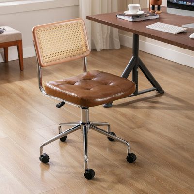 Ayris Mid-Century Modern Faux Leather Adjustable Height Swivel Task Chair with Rattan Back and Chrome Casters Base by Bay Isle Home