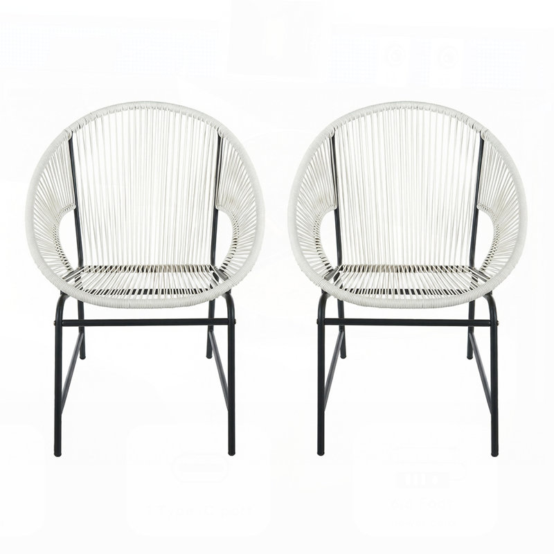 Nusa Outdoor Patio Wicker Chair, Durable Iron Frame, Weather-Resistant PE Rattan, Set of 2, White