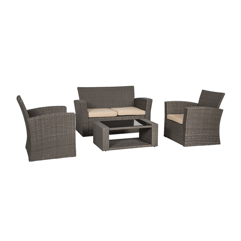 Ensemble de conversation en osier / rotin pour 4 personnes avec coussins Delano, Beige performance, Gris