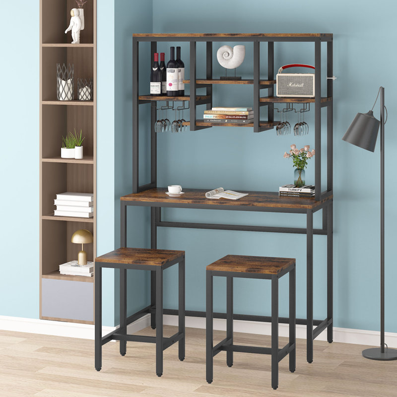 Ensemble de table de bar et tabourets 3 pièces avec rangement et porte-verres Bruzovice