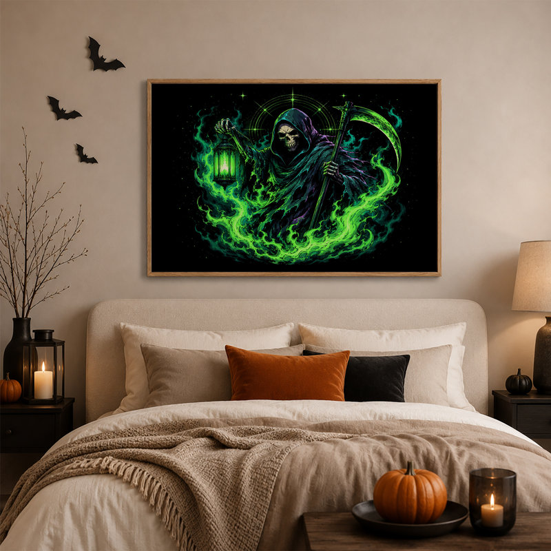 Art mural sur toile Neon Green Grim Reaper avec lanterne et faux, H 18 po x l 24 po