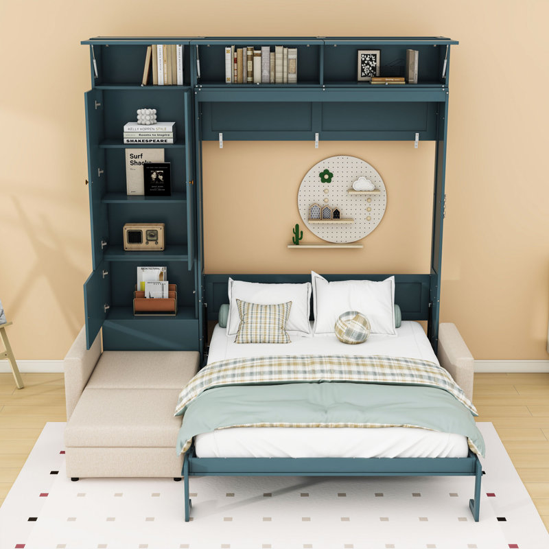 Grand lit escamotable multifonctionnel avec canapé en L et armoires de rangement, Beige