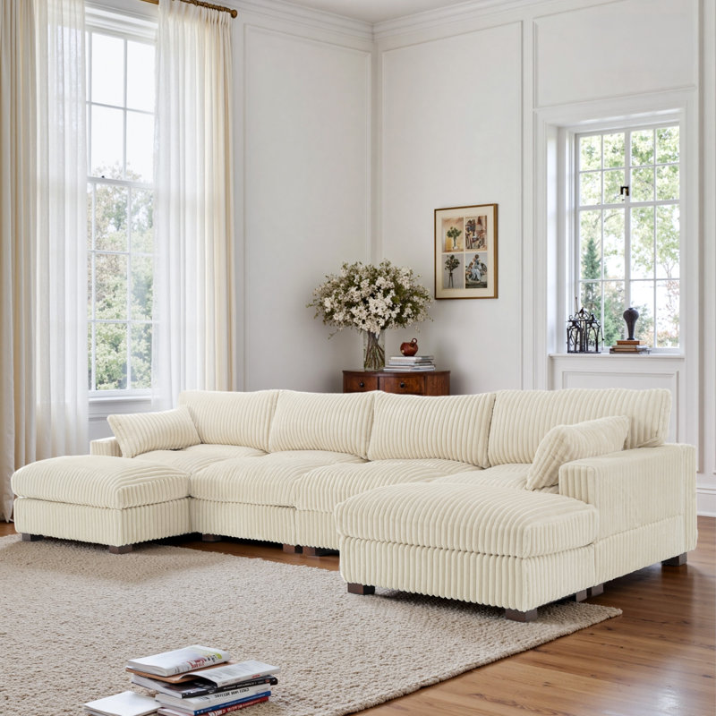 5 - Piece Upholstered White Faux Rabbit Fur Flannel Reversible Modular Sofa Living Room Sectional Couch with Ottoman
