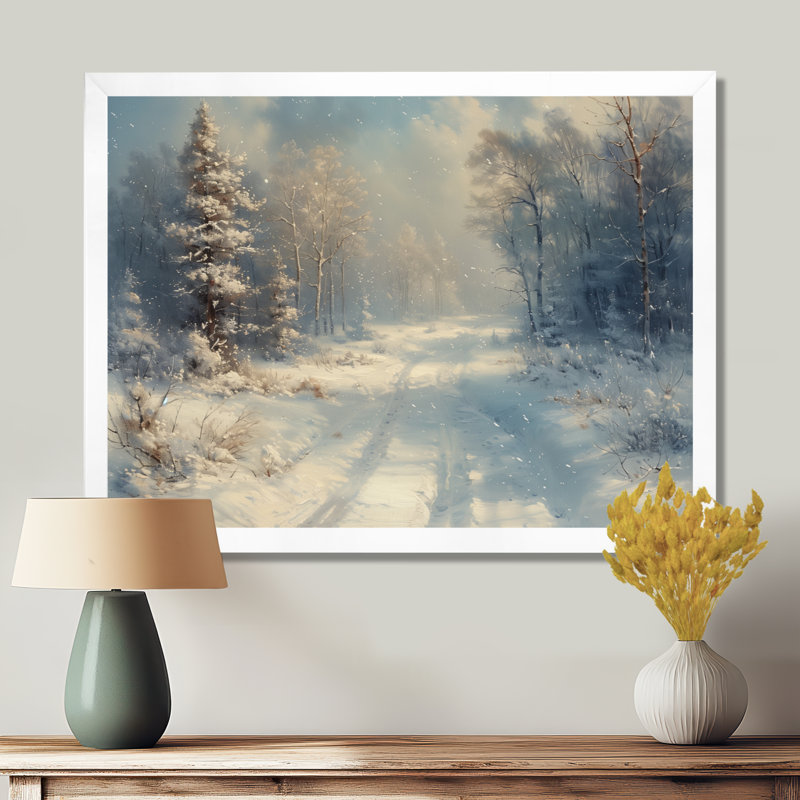«White Winter Winter Road Into Forest I - Winter Landscape Wall Art Living Room», Cadre simple blanc, H 16 po x l 32 po