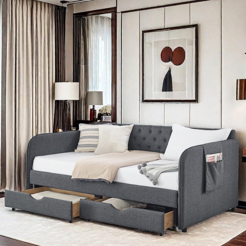 Tanikia Upholstery Daybed with Trundle, Pocket and 2 Drawers, Dark Gray