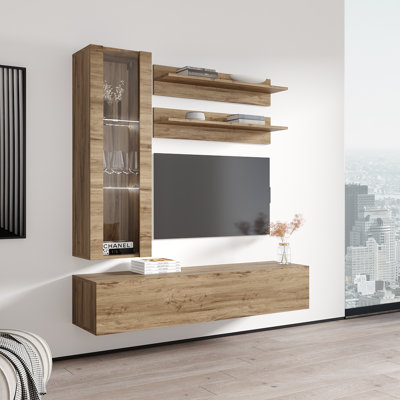 Visser 63" Modern Floating Wall Mounted Entertainment Center with 16-Color LED Lighting, High Gloss Finish