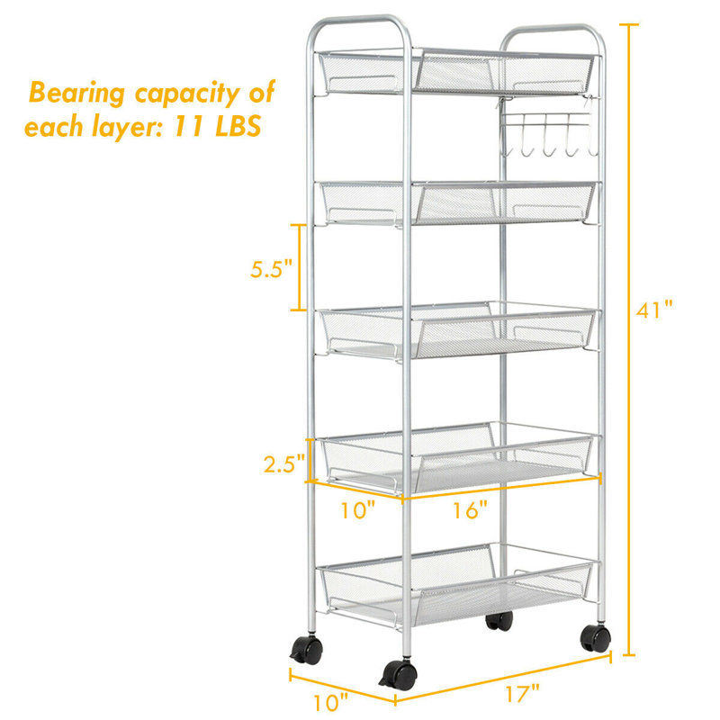 Chariot utilitaire roulant maille à 5 niveaux, Gris