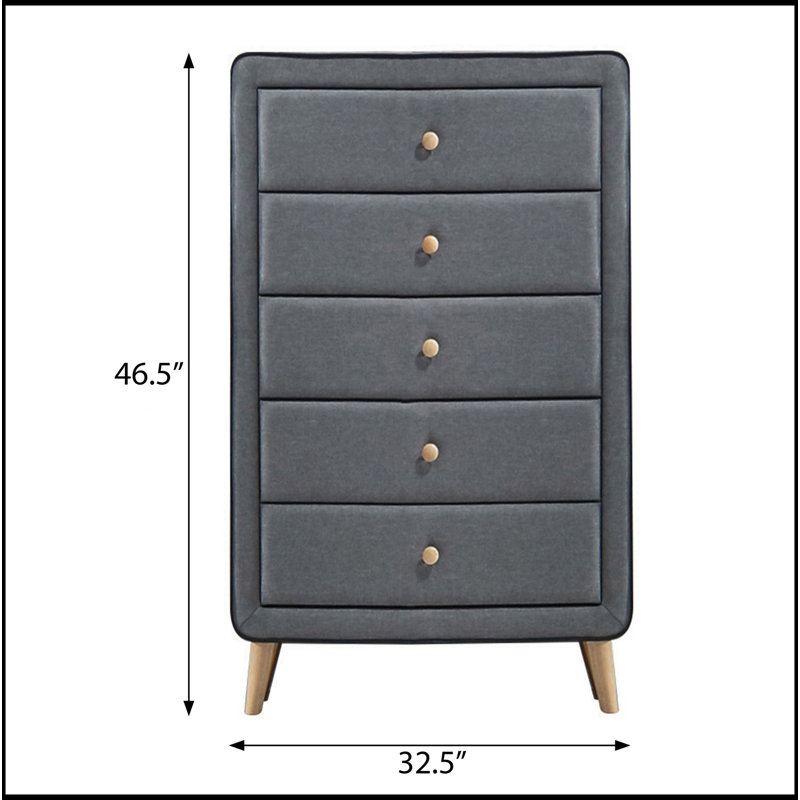 Commode 5 tiroirs rembourrée gris clair