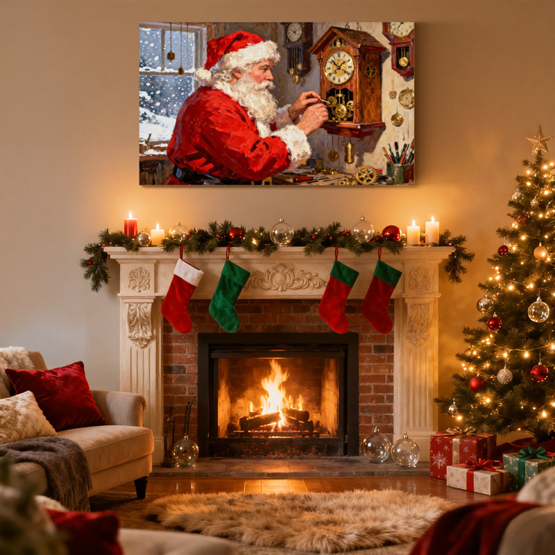 Noël, père Noël réparant une horloge dans un atelier, ensemble de 3 impressions sur toile, H 20 po x l 30 po