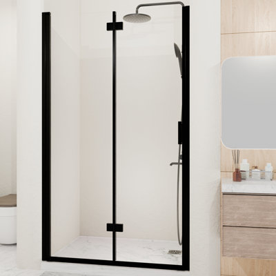 34 "72" porte de douche semi-pivotante pliante pour salle de bain avec finition noire matte, peu encombrante et fonction de fuite L 72 x Panneau de verre trempé de 6 mm, réversible gauche / droite