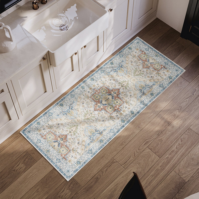 Machine Washable Vintage Oriental Area Rug Non-Slip Backing Blue/Beige/Rust Indoor Carpet for Living Room, Bedroom, Hallway Runner