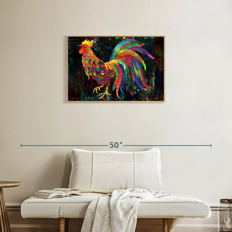 Coq abstrait multicolore, Cadre flottant en bois naturel, 31 po x 21 po