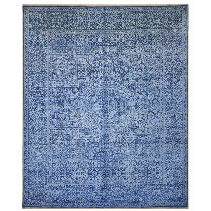 Hand Knotted Wool Area Rug in Blue