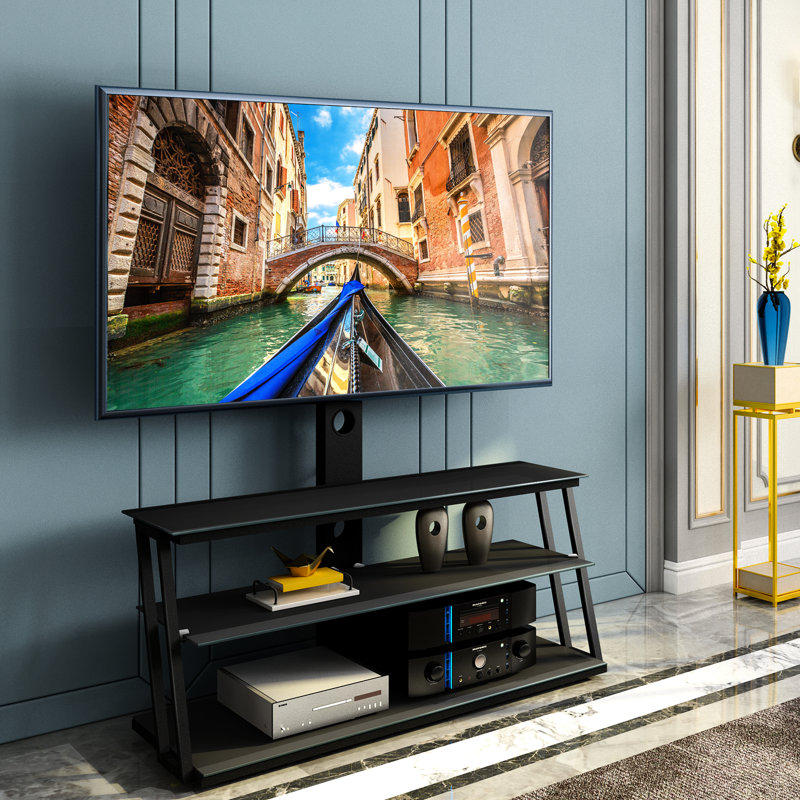 Support TV en verre trempé noir avec pivot et réglage en hauteur pour téléviseurs de 32 à 65 pouces - Pratique et réglable - Optimisation de l'espace