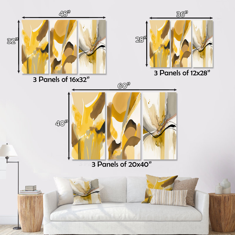 Moutarde jaune rétro I sur toile, reproduction de 3 pièces, H 32 po x l 48 po x P 1 po