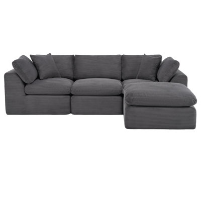 108‘’W Dark Gray Corduroy Boneless Sectional Couch with Removable Ottoman, 3 Seater Compression Modular Sofa for Living Room, No Assembly Required Couch