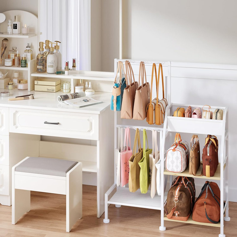 3-Tier Storage Stand & 12 Fixed Hooks, Visible Backpack Storage, Space,Saving Bag Organizer Rack For Home, Closet