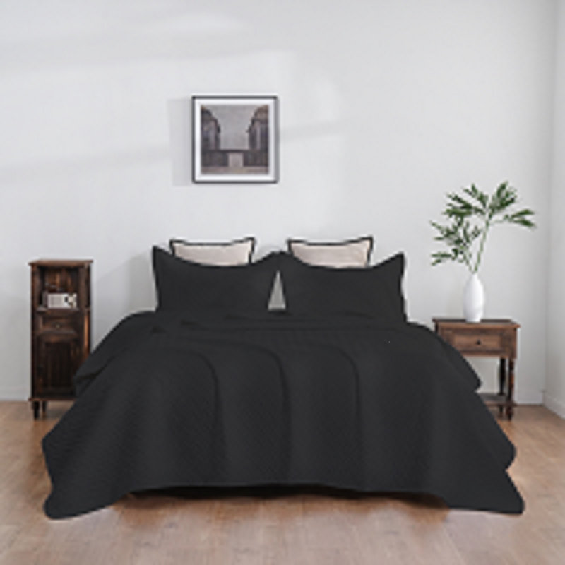 Microfiber Embossed Bedspread Set, Black, Twin Quilt + 1 Standard Sham + 1 Standard Pillowca