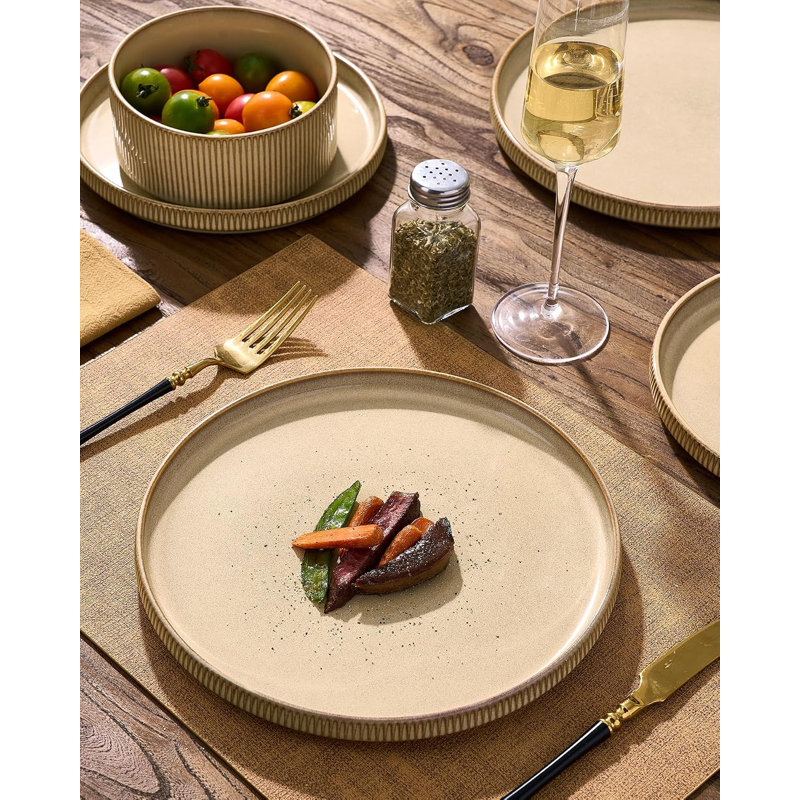 Service de table pour 6 personnes, assiettes, bols et plats en céramique côtelée, 18 pièces, en grès, émail réactif fait main, compatible micro-ondes et lave-vaisselle, résistant aux ébréchures et aux égratignures, couleur crème
