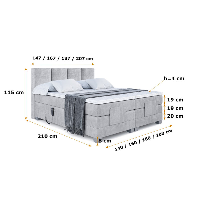 Granita Pocket Spring Mattress Divan Bed Base, 140 x 200cm, Light gray