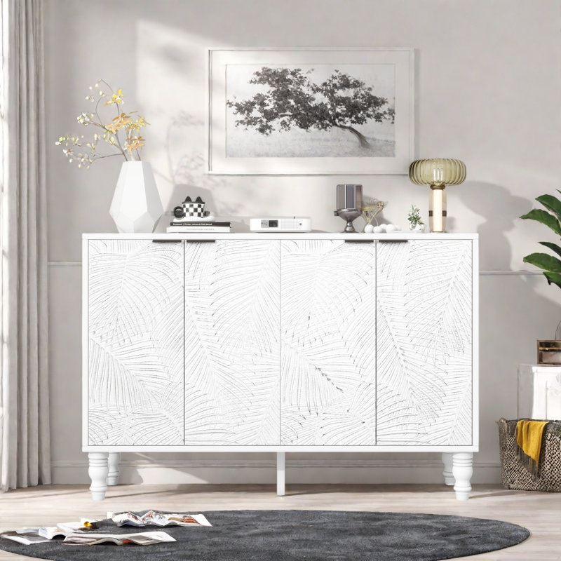 Meuble télé moderne, console multimédia avec 2 espaces de rangement spacieux, pieds en bois massif et dispositif anti-basculement pour le salon