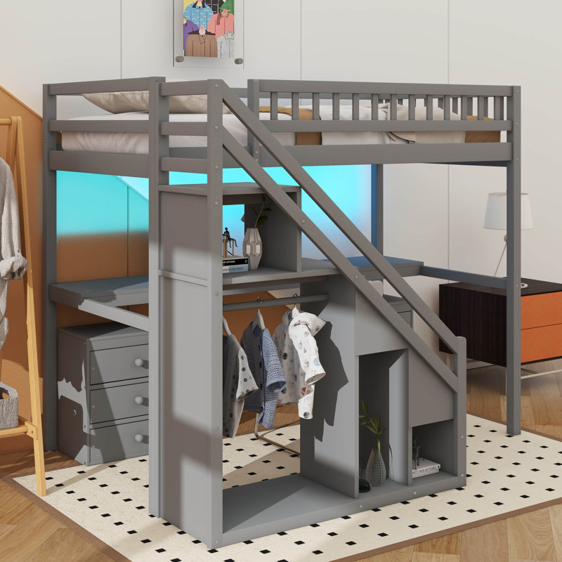 Lit mezzanine amélioré avec bureau et barre lumineuse illuminée, Double, Gris