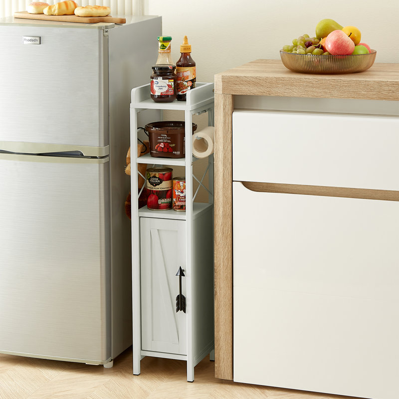Haslom Freestanding Linen Cabinet, Rustic Bathroom Storage Floor Cabinet with Toilet Paper Holder & Hooks, Freestanding Narrow Bathroom Organizer Tower with Shelves and Enclosed Cabinet for Small Spaces Bathroom