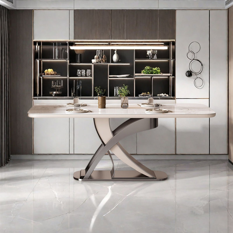 Table de salle à manger luxueuse en pierre frittée, H 29,53 po x L 70,87 po x L 31,5 po, Blanc