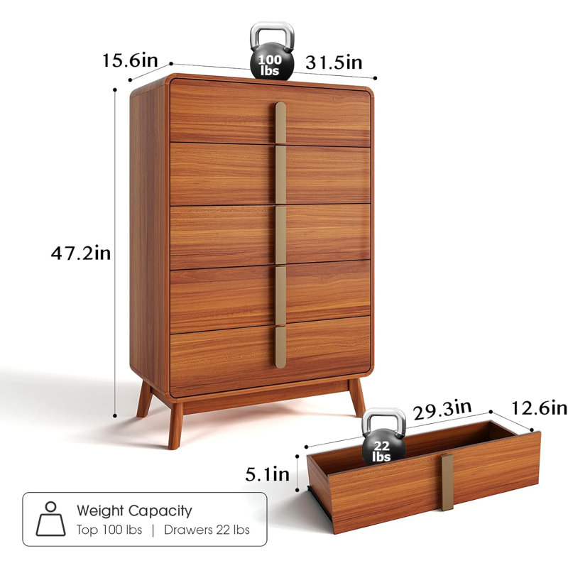 47.2'' Tall Mid Century Modern 5 Drawer Dresser With Metal Handles And Solid Wood Legs, Brown