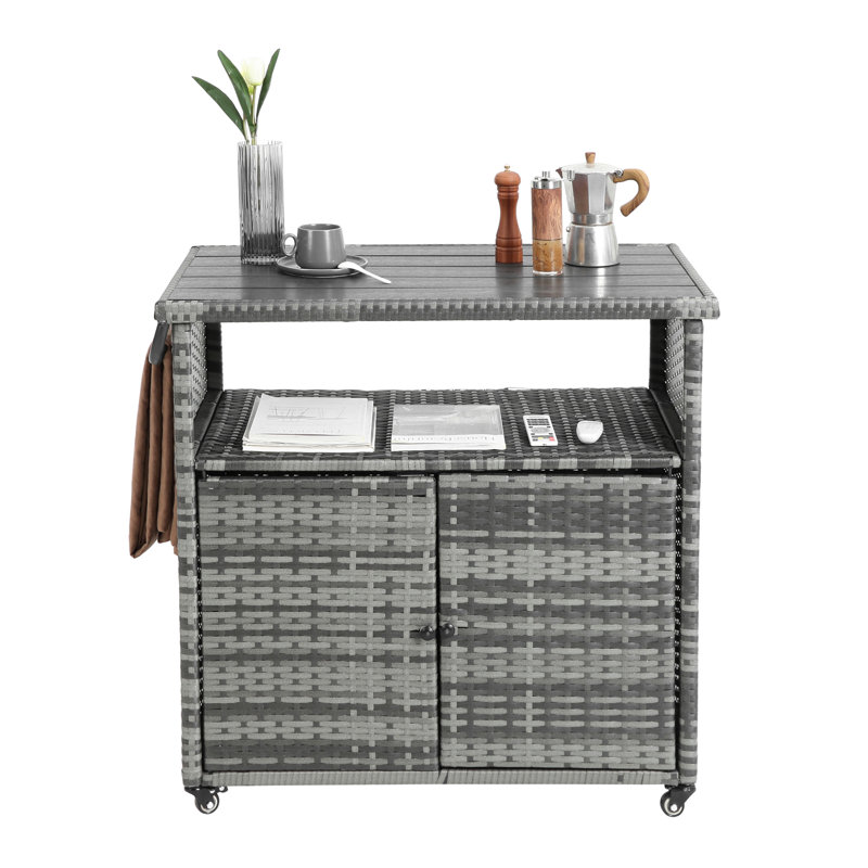 Outdoor Bar Table with Storage Cabinet Patio Serving Carts on Wheels Wicker Grill Cart Prep Station Rolling Kitchen Island for Outside Backyard and Patio