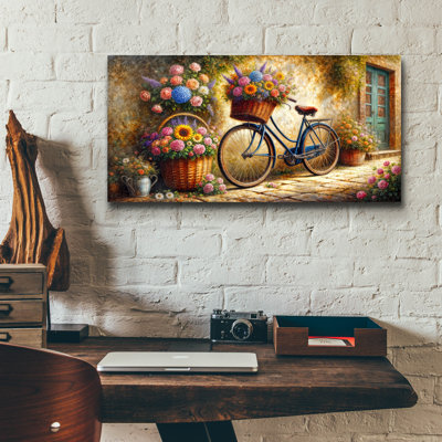  «Vintage Bike And Flowers» par Rey Klimt, art mural en verre acrylique, 24 po x 12 po