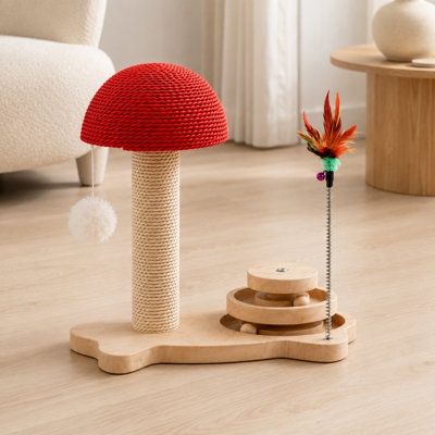 Mushroom Cat Scratching Post Activity Center with Dual Rolling Ball Tracks, Hanging Pom-Pom and Feather Teaser