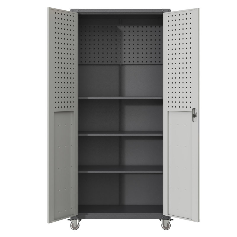 71" Metal Garage Storage Cabinet With Wheels - Heavy-Duty Tool Storage Cabinet For Home, Office, School, And Garage Organization, Black/Gray