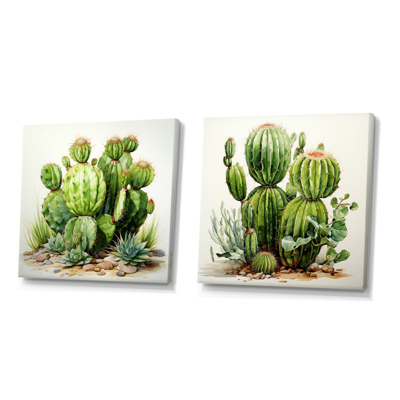 Désert vert Cactus Impression I - ensemble de 2 décorations murales florales, Toile tendue, H 30 po x l 61 po x P 1 po