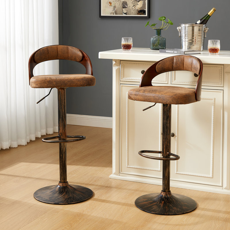  George Set of 2 Adjustable Height Bar Stools Mid-Century Modern Faux Leather Wood Chair 360° Swivel, Industrial Pedestal Base, for Kitchen, Counter, Home Bar
