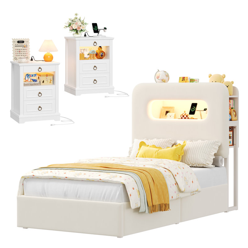 Ensemble de chambre à coucher lumineuse 3 pièces - Lit de rangement à DEL et commodes à DEL avec station de charge, Blanc