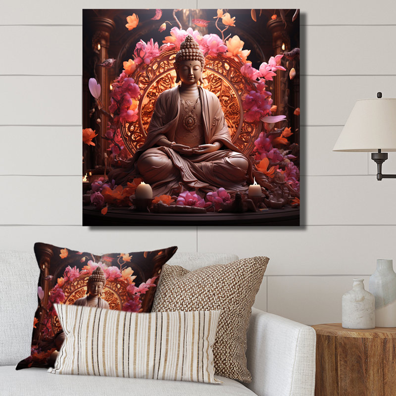 Art bouddhiste indien rose et doré, Toile tendue, H 30 po x l 30 po x P 1,5 po
