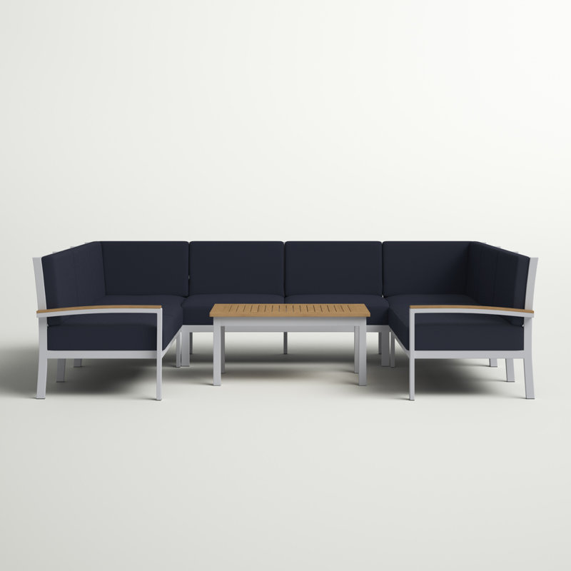 Travira 7-Piece Modular Seating Set and Table, Midnight Blue, Tekwood Natural