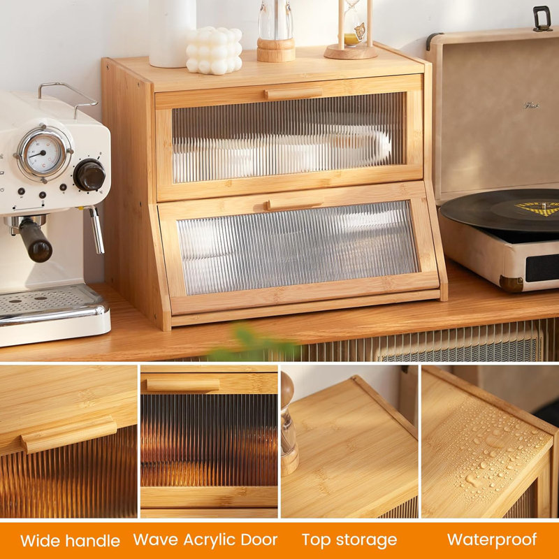 Double Layer Bamboo Bread Box For Kitchen Counter,Large Capacity Bread Storage Bin,Bread Container With Acrylic Wavy Door Panel (Natural, Medium)