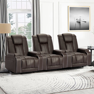 Ebern Designs 37'' Wide Modern And Overstuffed Breathable Leather Reclining Home Theater Seat(Set Of 3)