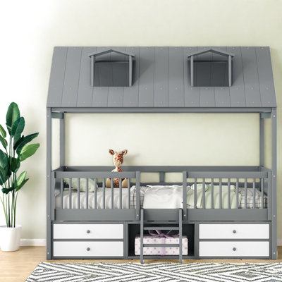 Lit simple polyvalent en bois gris avec rangement et lanterneaux