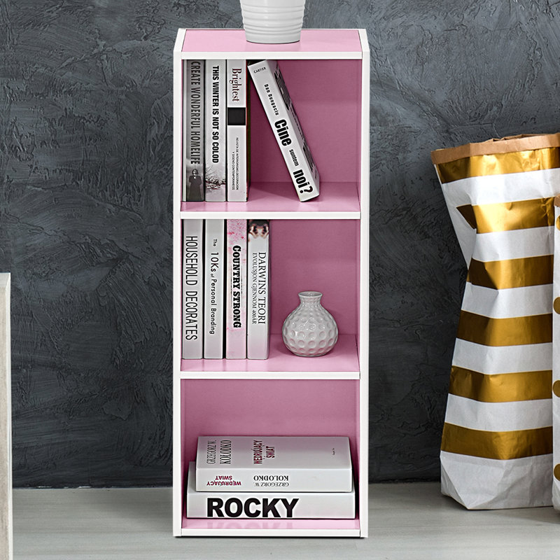 Bessan Standard Bookcase, (3 Shelves) 32" H x 12" W x 10" D, White/Pink