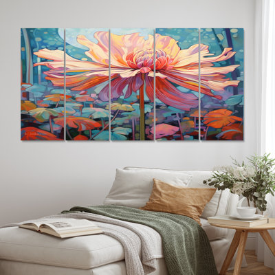 Blossoming Chrysanthemum In Lake Retro II - Chrysanthemums Canvas Print - 5 Equal Panels