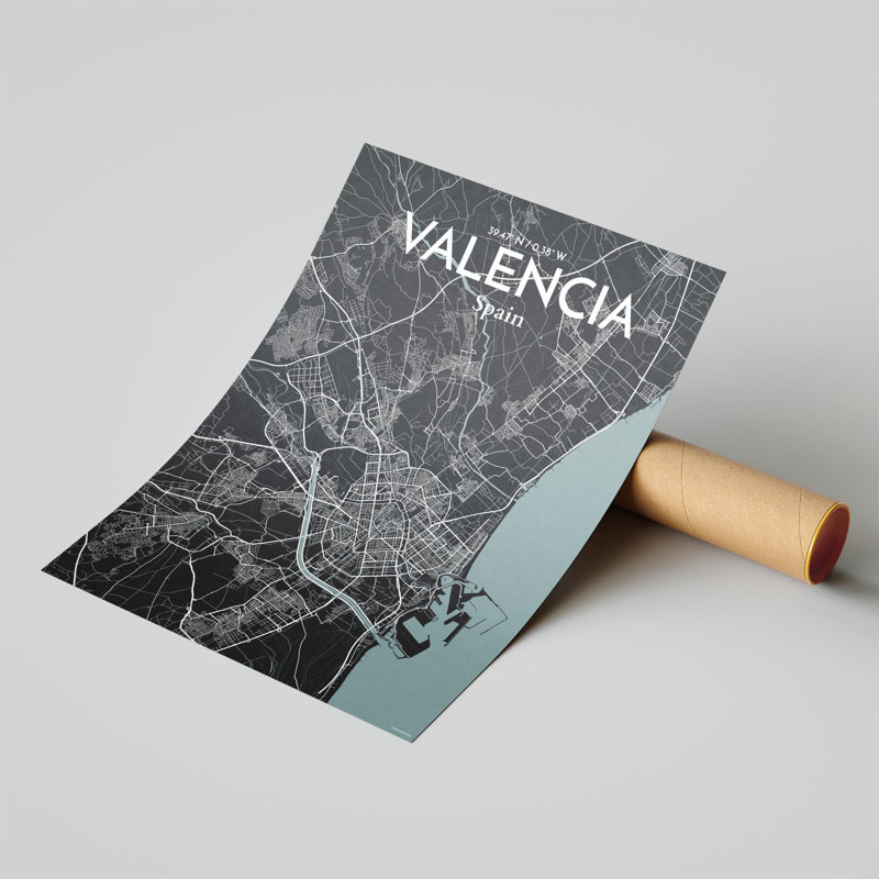 Valencia, carte de la ville, impression, Gris/noir, H 24 po x l 18 po