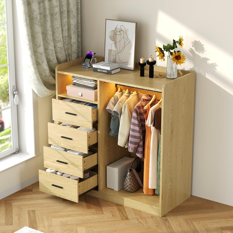 Commode de chambre à coucher avec support suspendu, commode de rangement à 4 tiroirs avec lumières DEL et station de charge USB