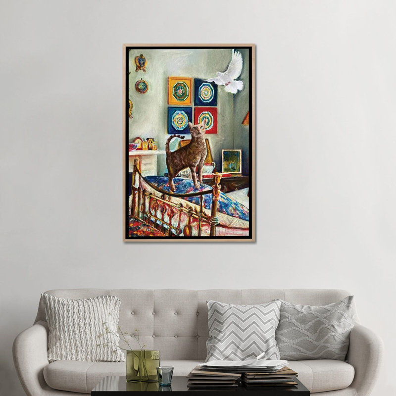 Chaton et la colombe - reproduction d'art murale - toile encadrée, 48 po x 32 po, Toile avec cadre, Brun