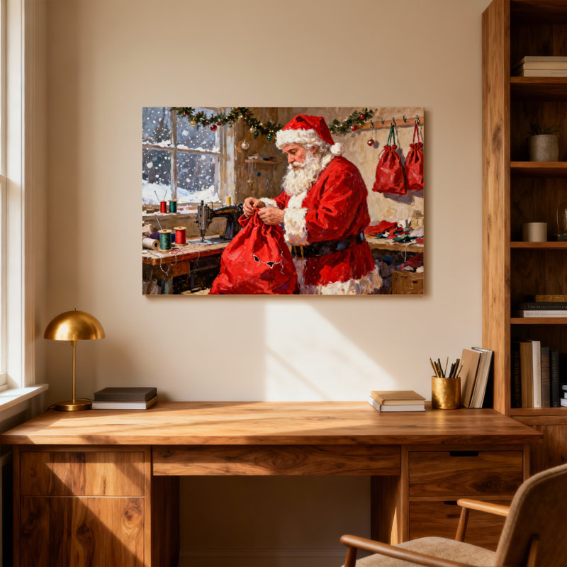 Père Noël de Noël cousant un sac rouge dans un atelier, H 28 po x l 40 po