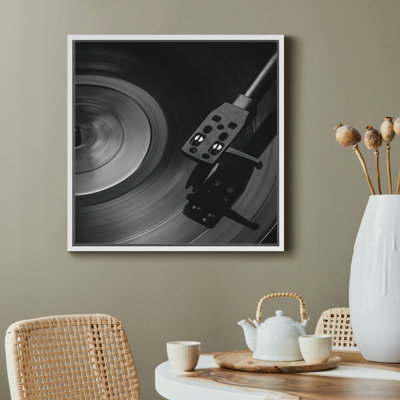 Vintage Vinyl Record Player Close-Up Black and Silver Wall Decor - Pictures Framed Canvas Print Wall Art