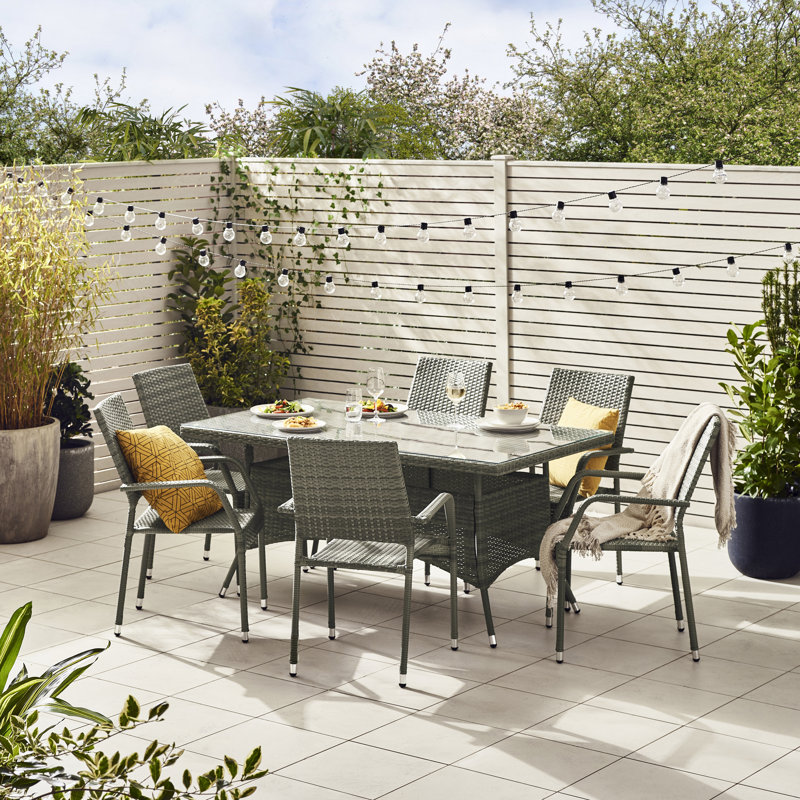 Karren 6 Seater Garden Dining Set - PE Rattan & Tempered Glass Outdoor Set - Modern Gardens & Patios, Grey